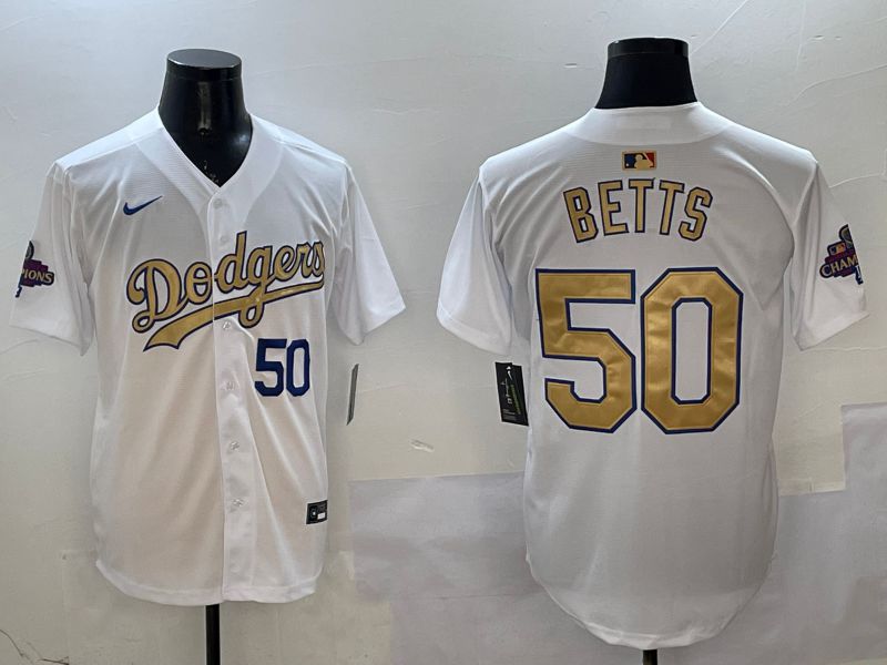Men Los Angeles Dodgers #50 Betts White Champion gold character 2025 Nike MLB Jersey style 11->los angeles dodgers->MLB Jersey